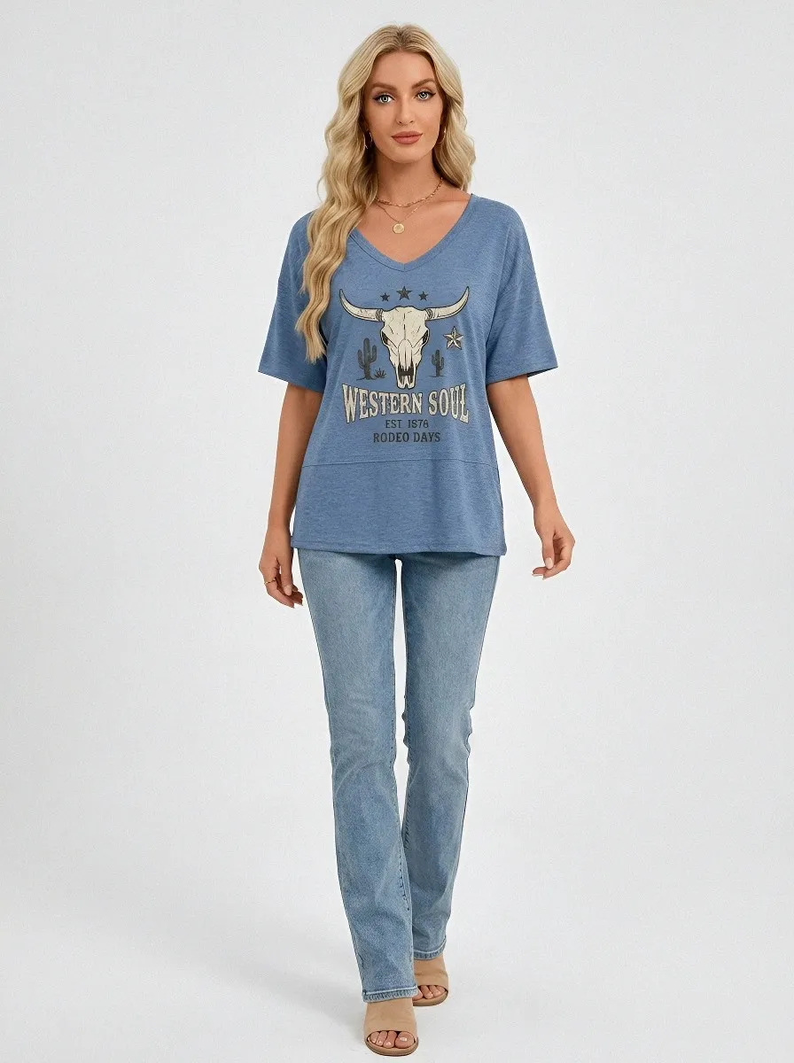 Cow Western Rodeo Soul V-Neck T-Shirt