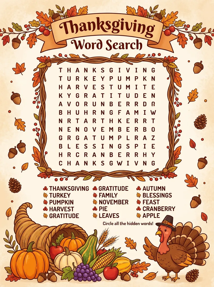 Kids Thanksgiving Turkey Word Search Activity Poster