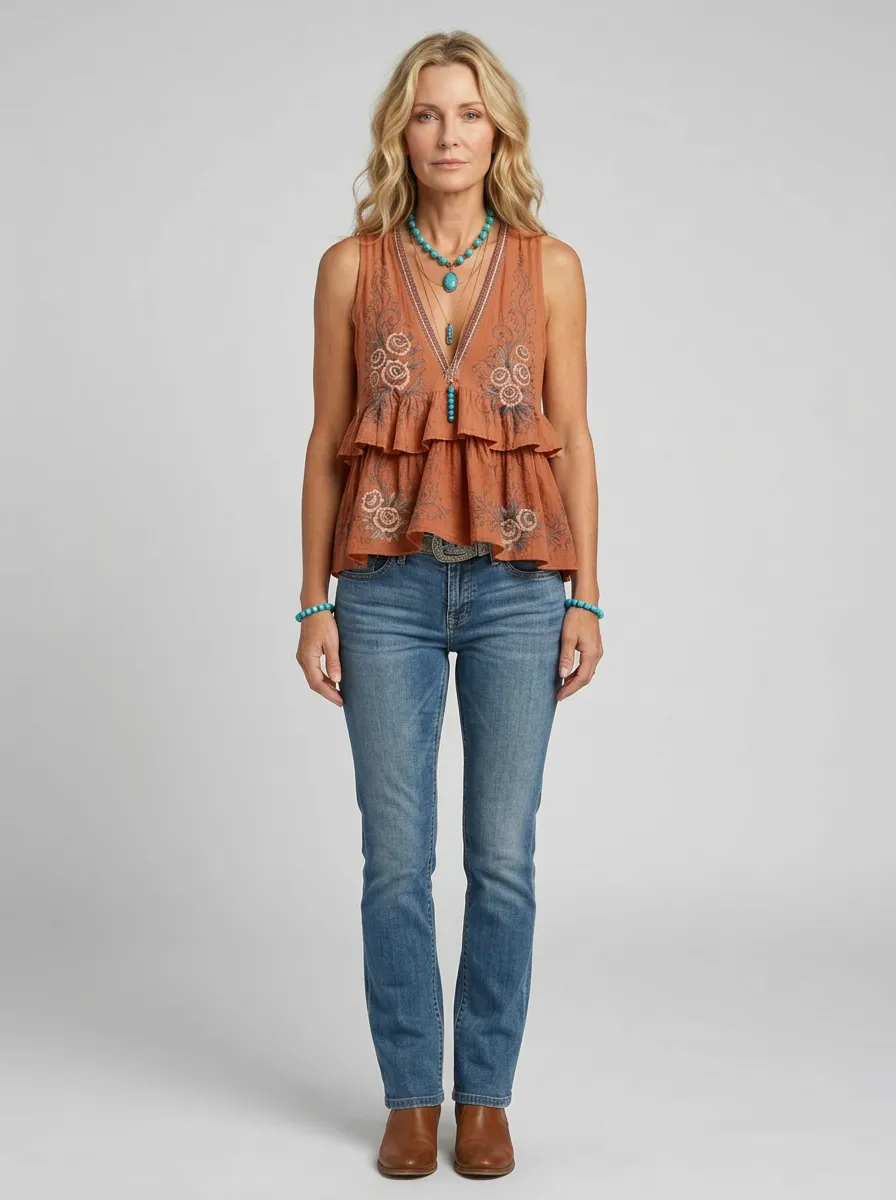 Women's Boho Floral Western Rose Printed Sleeveless Top