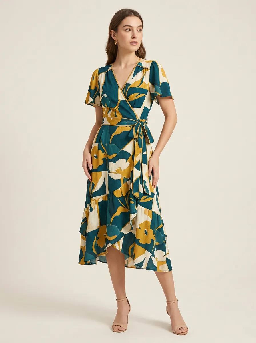 Women's Floral Pattern Teal Yellow Printed Wrap Dress
