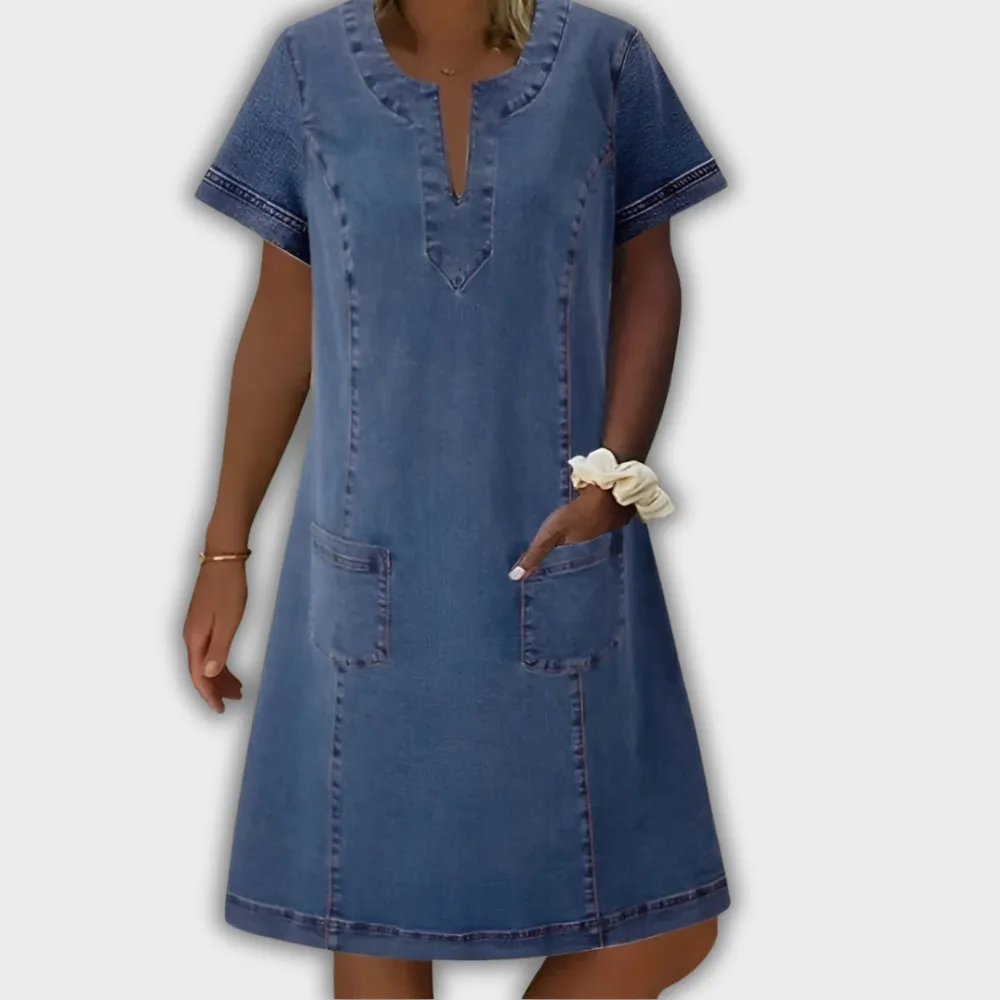 V-Neck Denim Pocket Detail Casual Dress