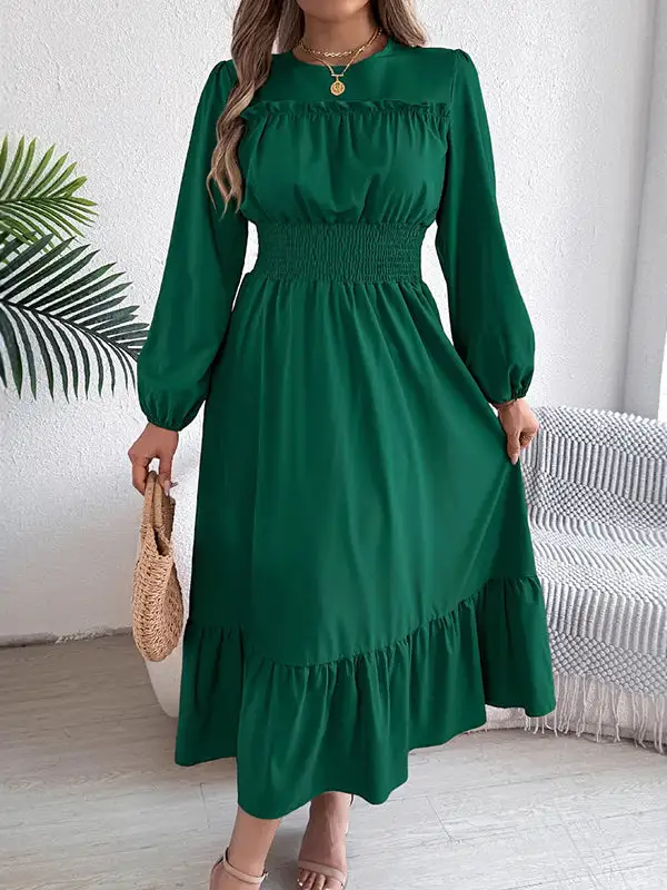 Elasticated Pleated Neck Maxi Dress