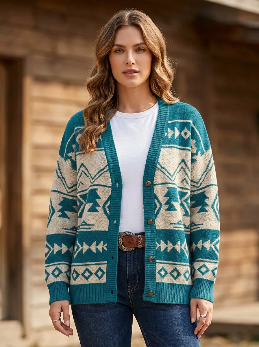 Women's Western Rust and Beige Geometric Pattern Cardigan
