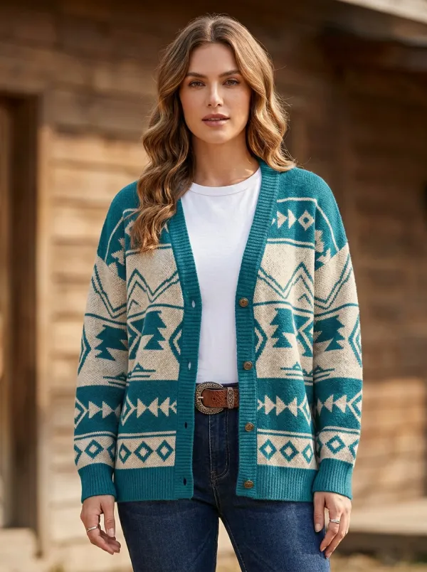 Women's Western Rust and Beige Geometric Pattern Cardigan