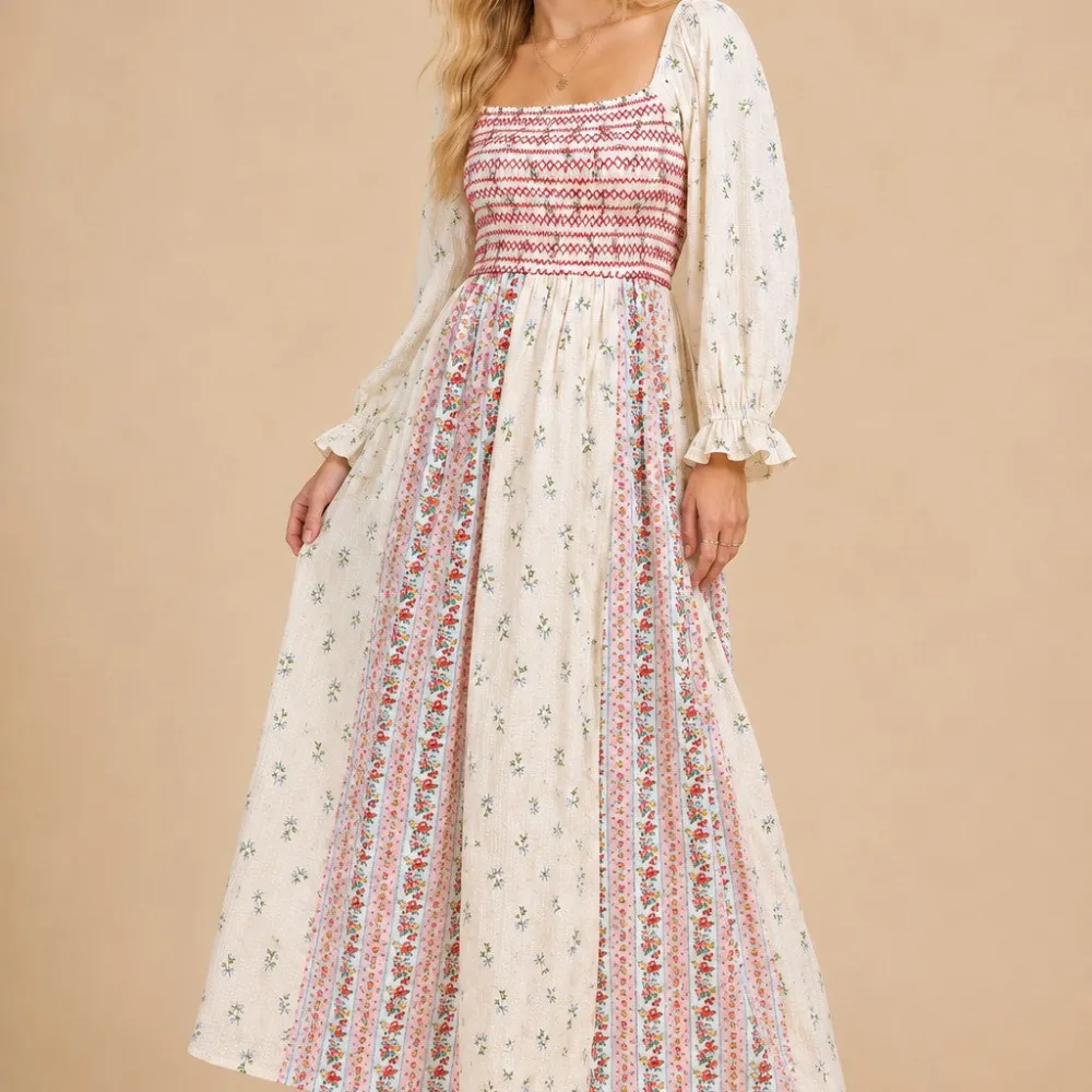 Floral Smocked Ruffle Detail Puff Sleeve Dress