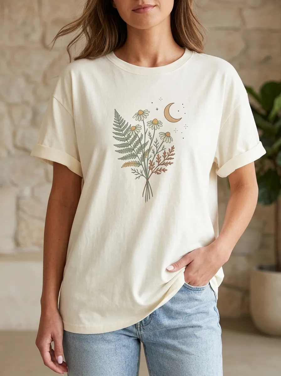 Women's Celestial Botanical Moon Daisy Fern Printed T-shirt