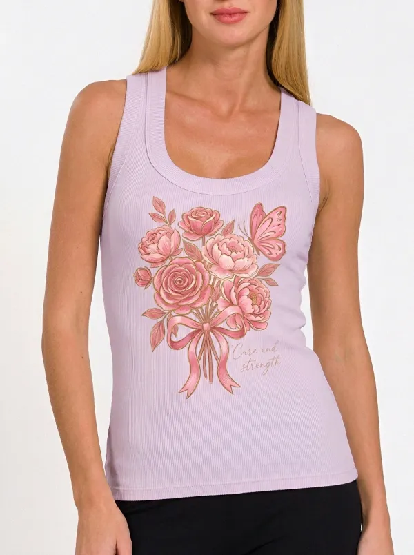 Women's Breast Cancer Awareness Pink Floral Butterfly Printed Tank Top