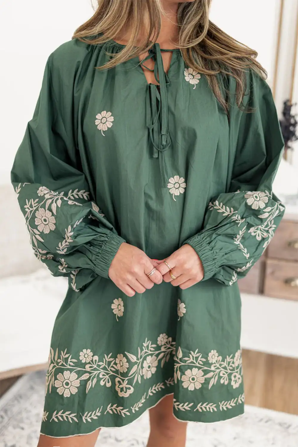 Floral Tie Detail Puff Sleeve Mini Dress