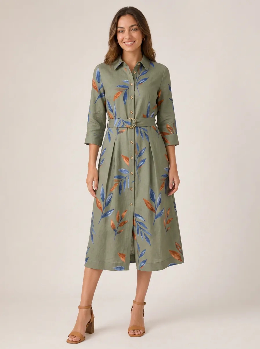 Women's Botanical Nature Lover Blue Orange Leaf Printed Shirt Dress