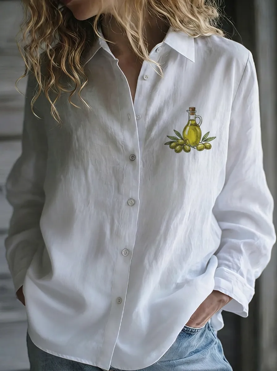 Women's Olive Oil Lover Green Olives Printed Button-Down Shirt