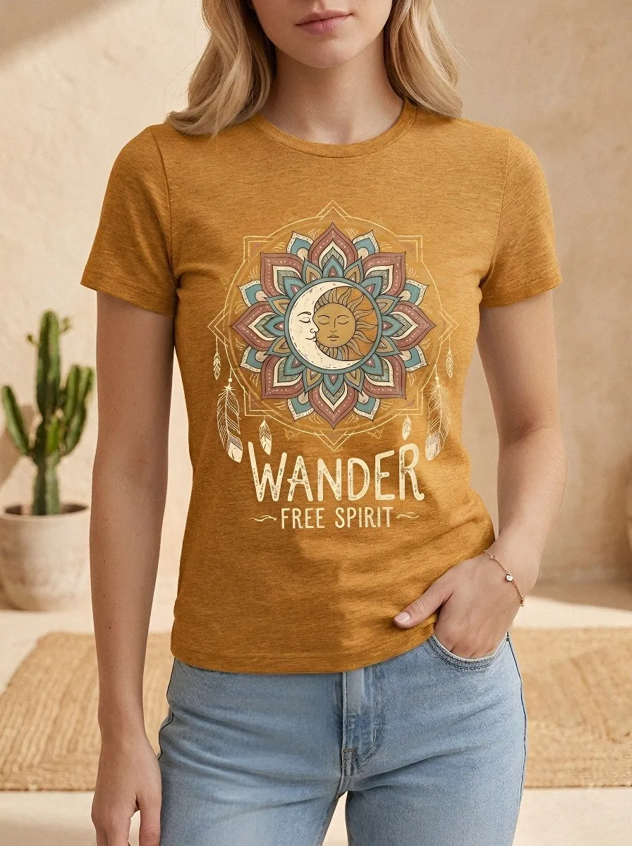 Women's Boho Wander Free Spirit Sun Moon Mandala Printed T-shirt