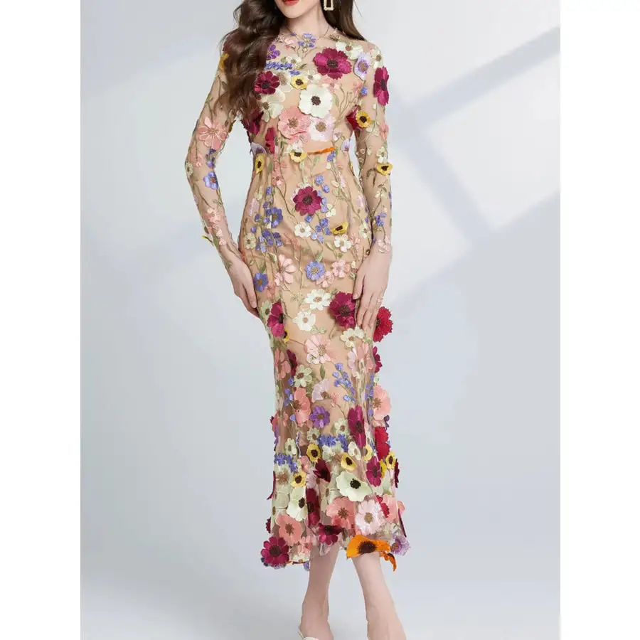 Embroidered Mesh Long Sleeve Midi Dress