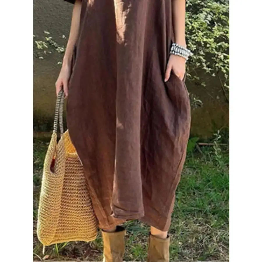Full Size Casual Loose Fit Round Neck Midi Dress Plus Size
