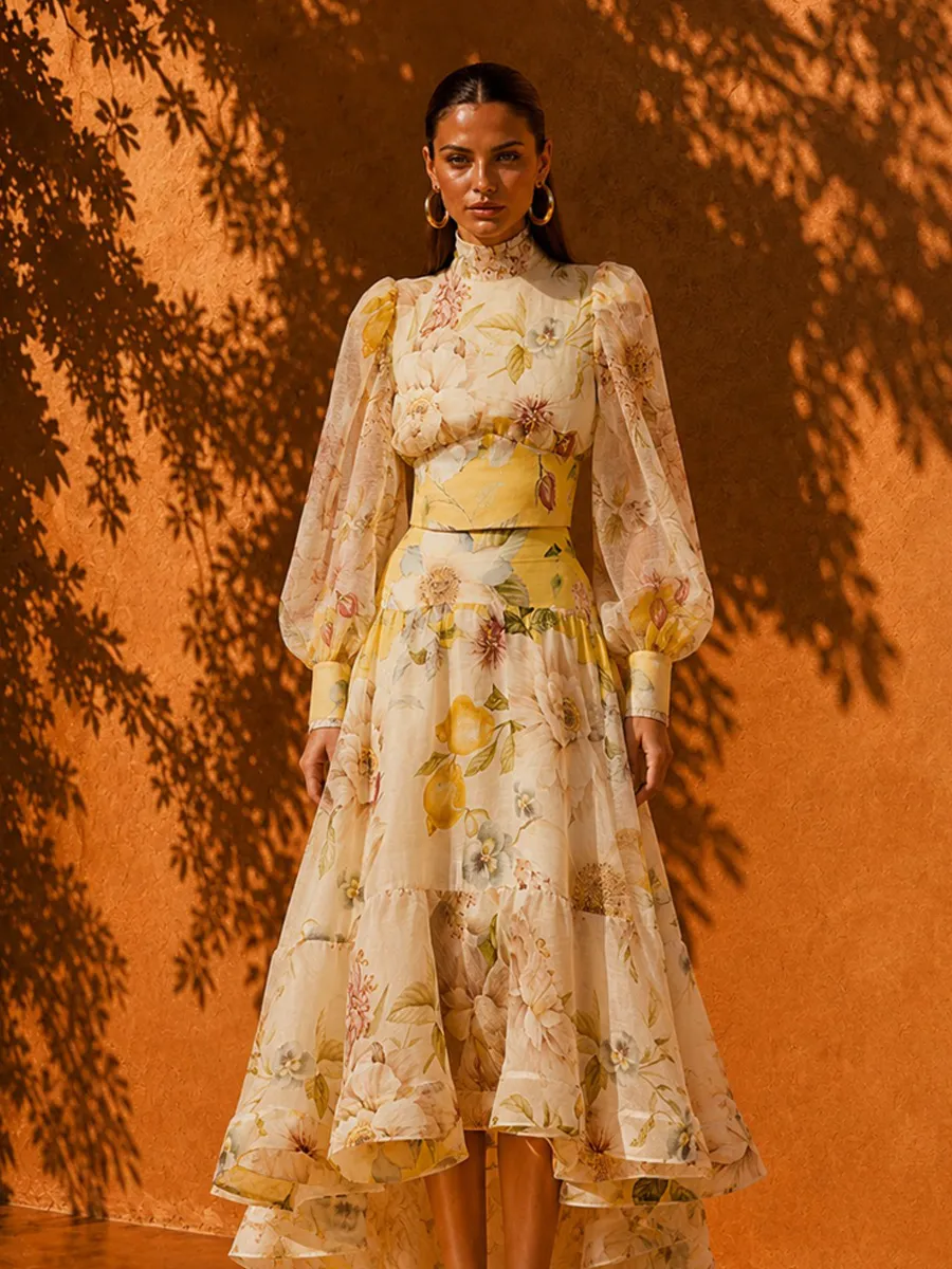 Gabriella Printed High-Neck Top with Puff Sleeves & Full-Flare Skirt