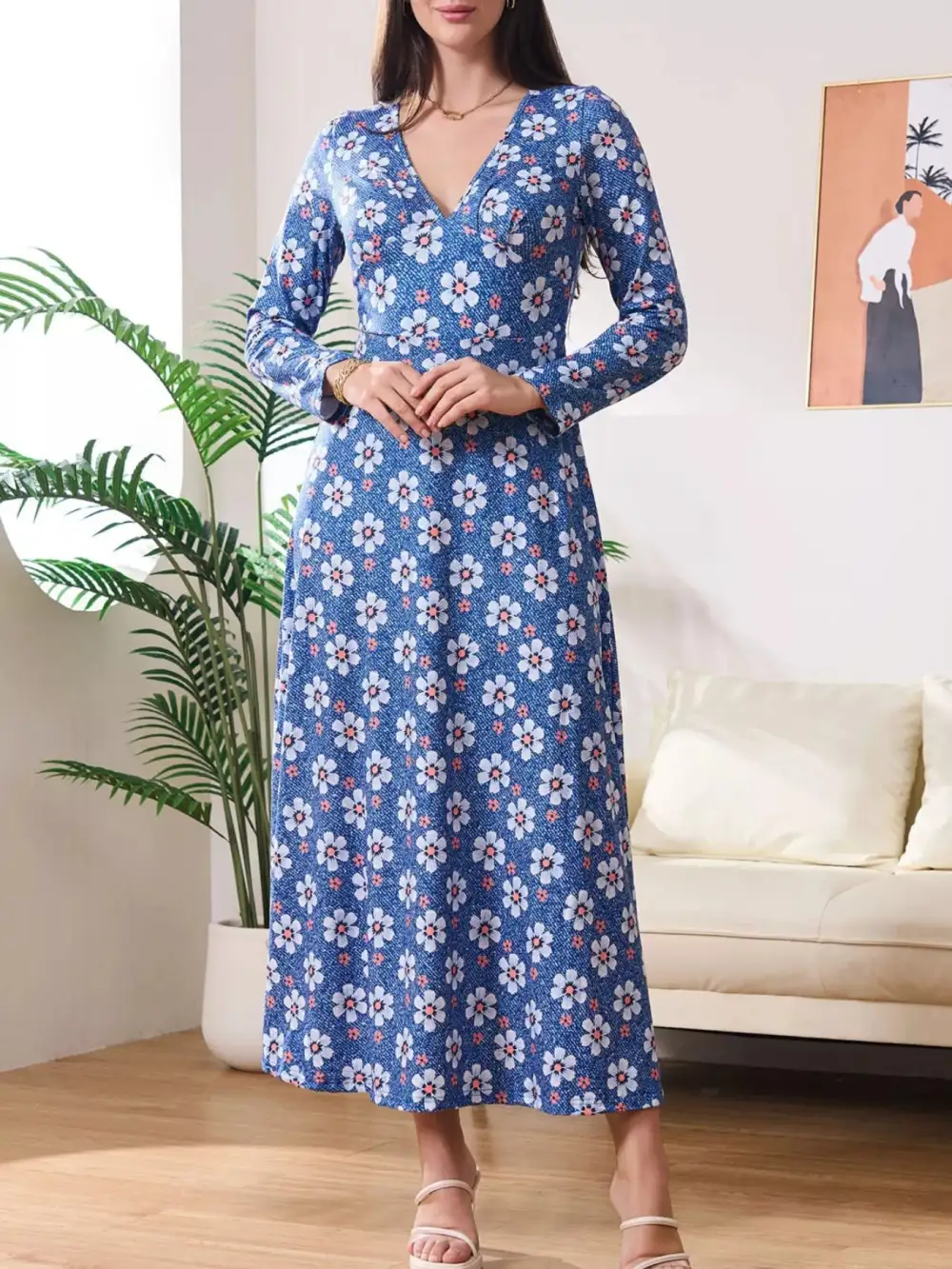 V-Neck Long Sleeve Midi Dress