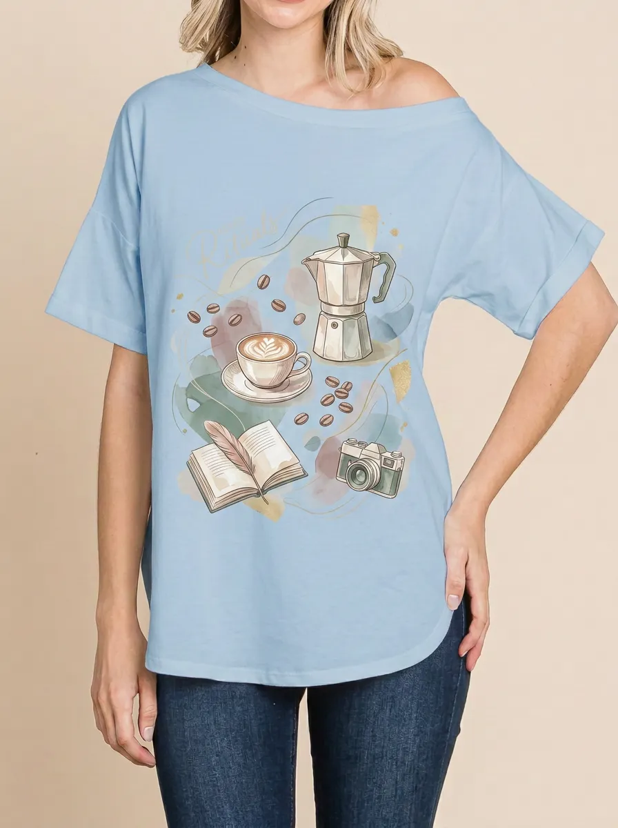 Women's Coffee Lover Retro Rituals Moka Pot Book Camera Printed T-shirt