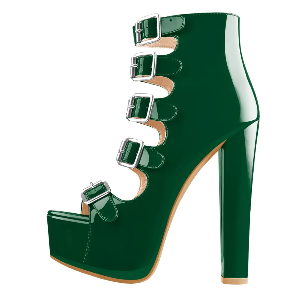 Five Buckle Strap Chunky Heel Boot Sandals