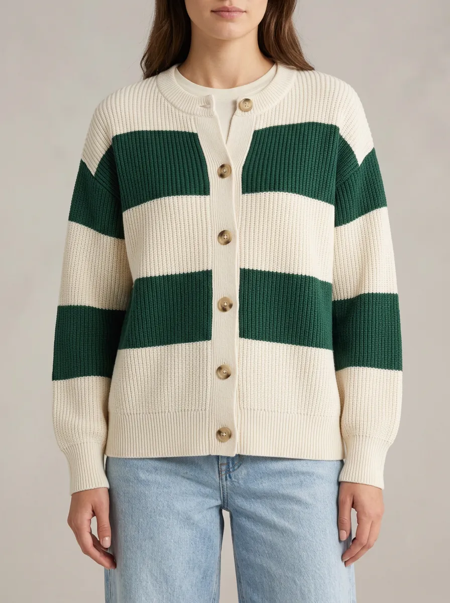 Collegiate Style Distinctive Rugby Striped Knit Cardigan