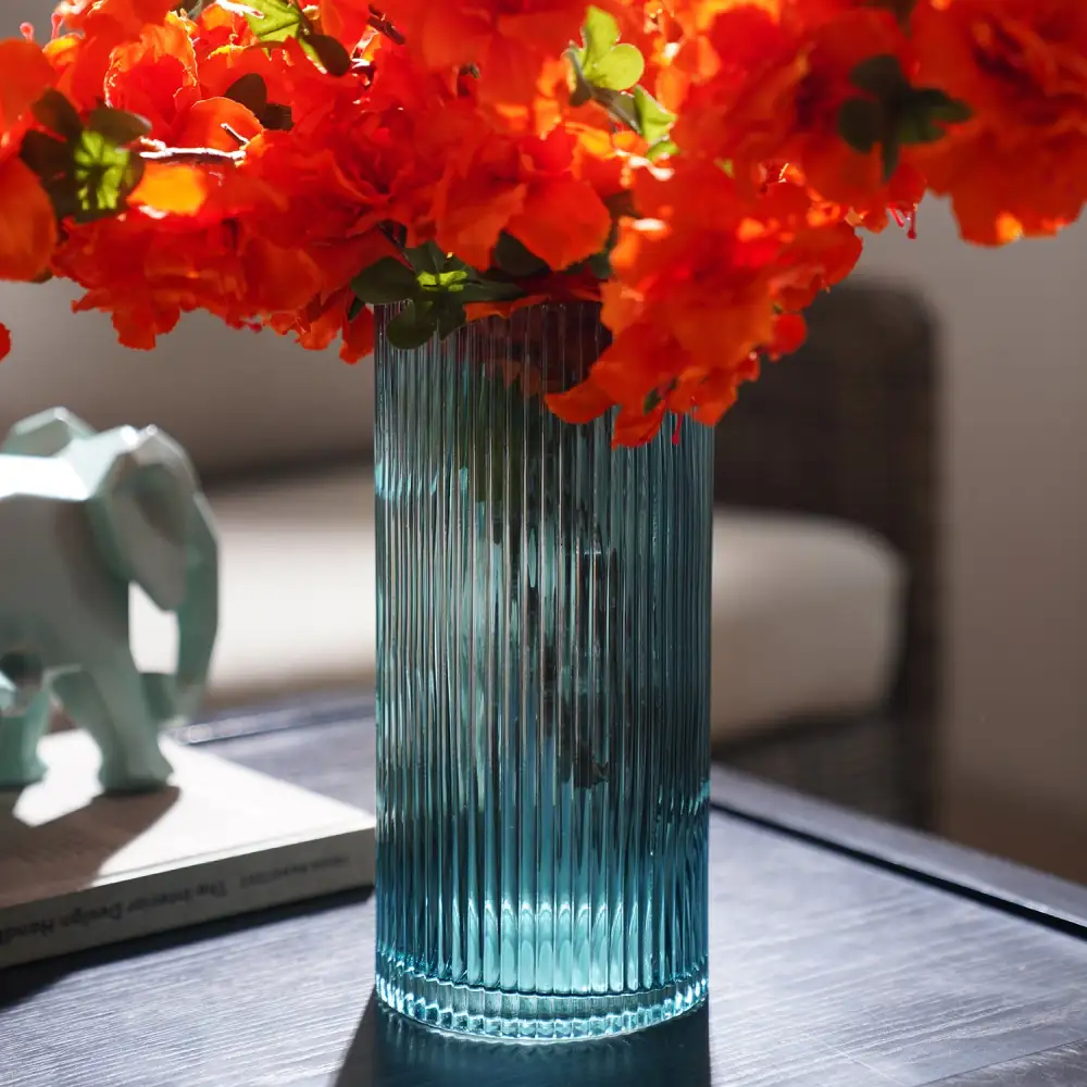 Teal Ribbed Glass Vase