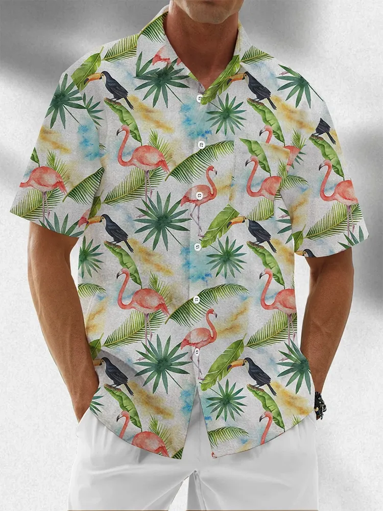 Moisture Wicking Tropical Plants Flamingo Toucan Chest Pocket Hawaiian Shirt