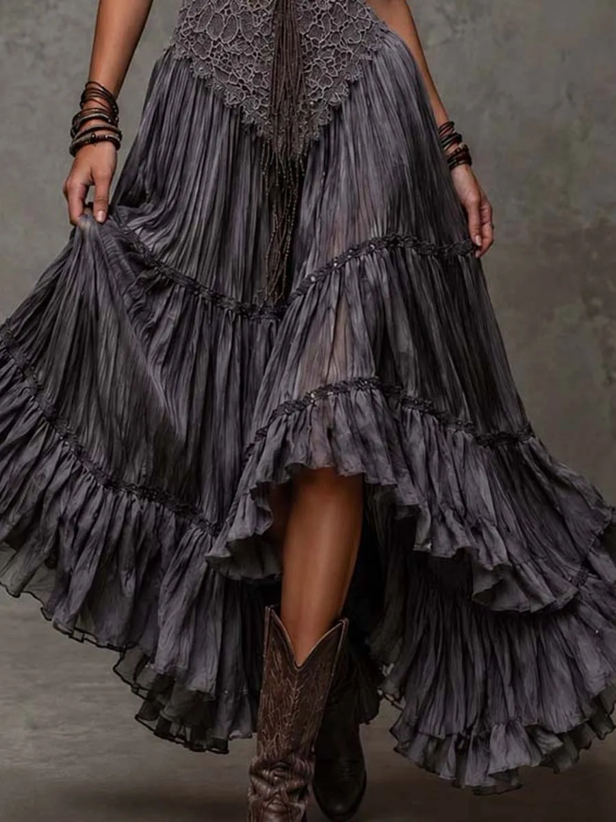 Dark Gray Lace Bodice Tiered Crinkle Maxi Dress