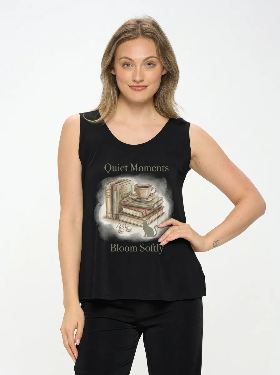 Women's Book Lover Coffee Cat Printed Tank Top