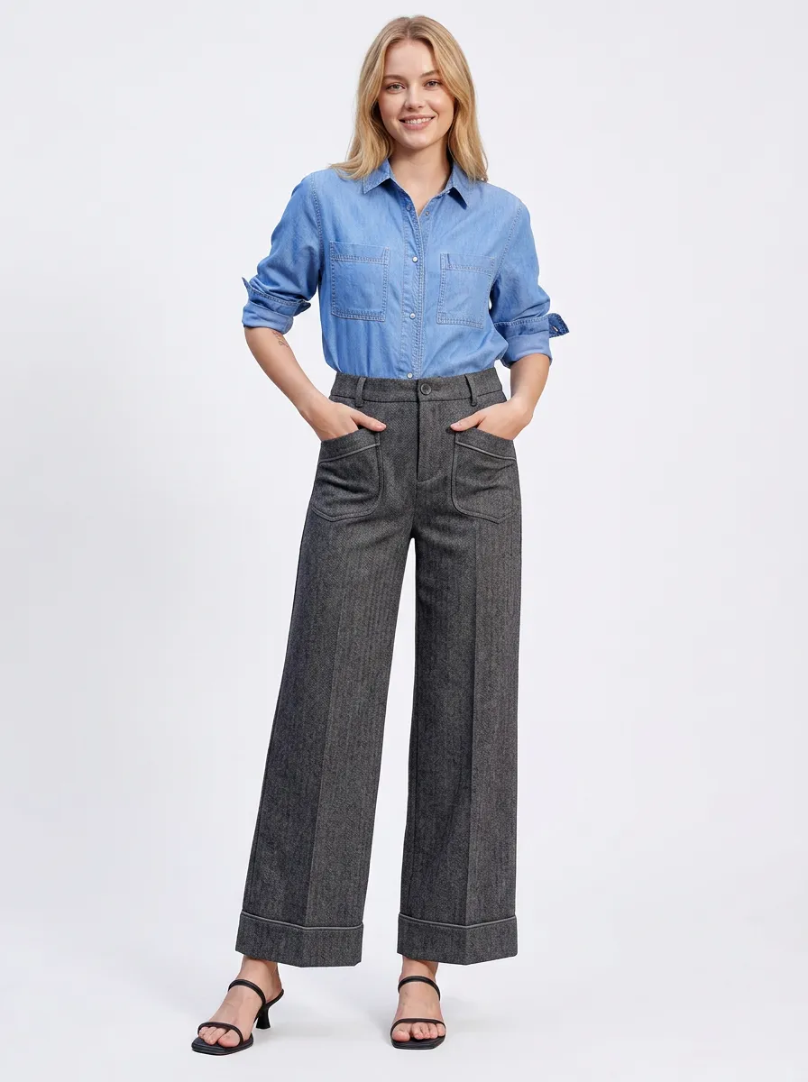 Women's Casual Fashion Herringbone Pattern Printed Wide Leg Trousers