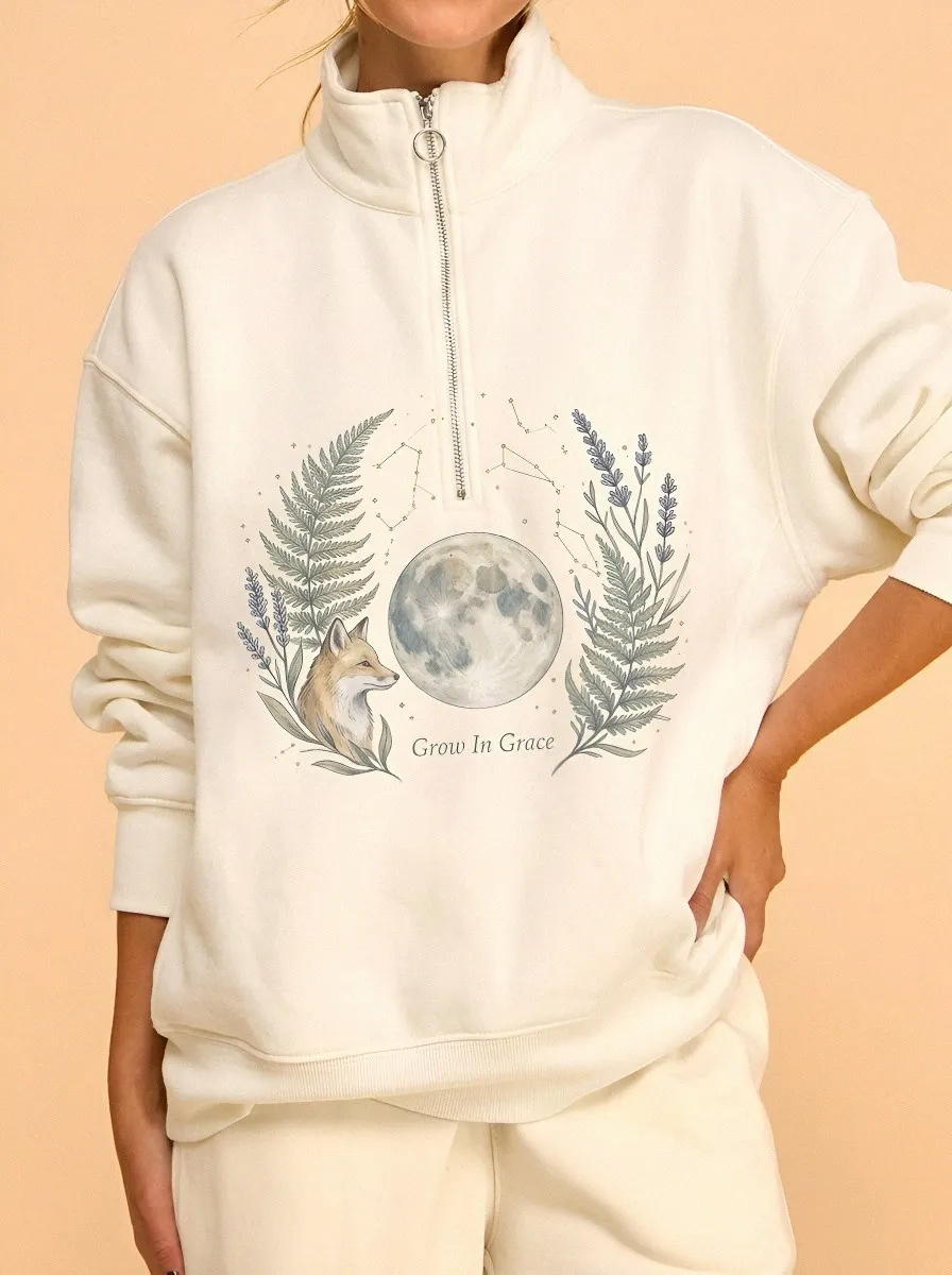 Women's Celestial Fox Moon Fern Printed Quarter Zip Sweatshirt
