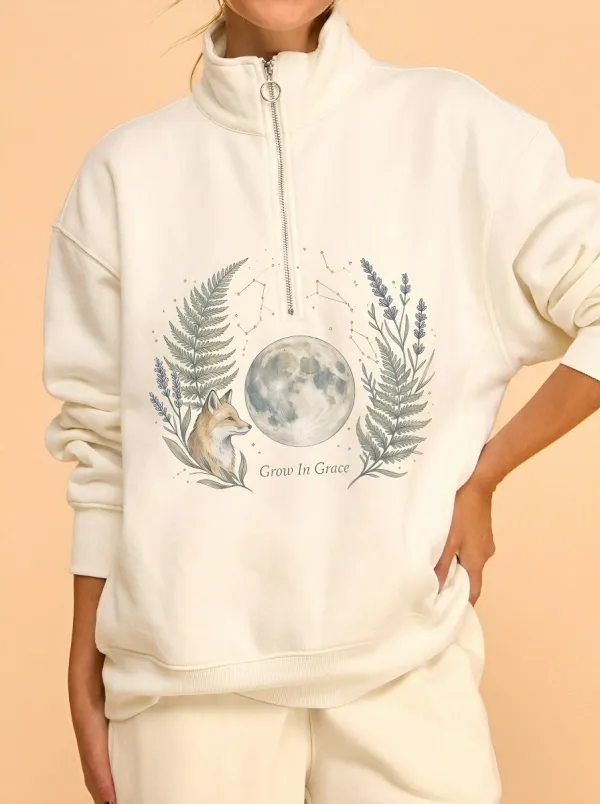 Women's Celestial Fox Moon Fern Printed Quarter Zip Sweatshirt