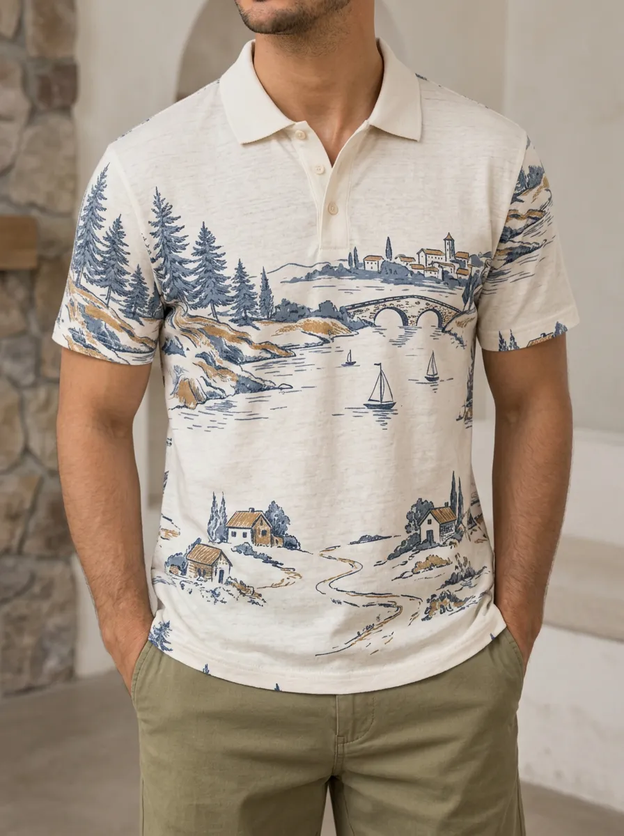 Men's Landscape Nature Lover Scenic Village Printed Polo Shirt