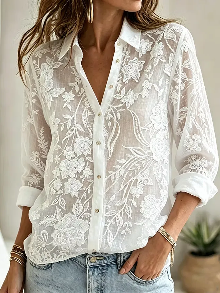 Women's Floral Embroidery Pattern Casual Linen Shirt