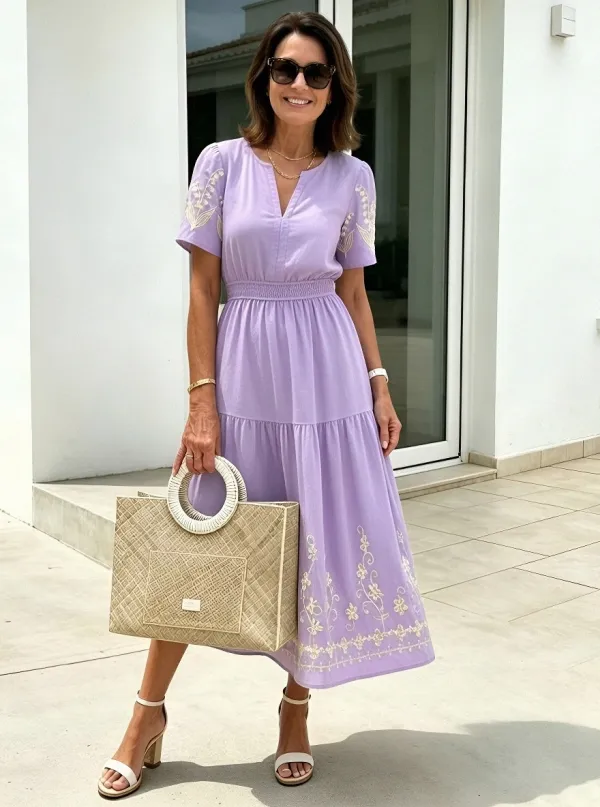 Women's Summer Vacation Floral Embroidered Printed Midi Dress