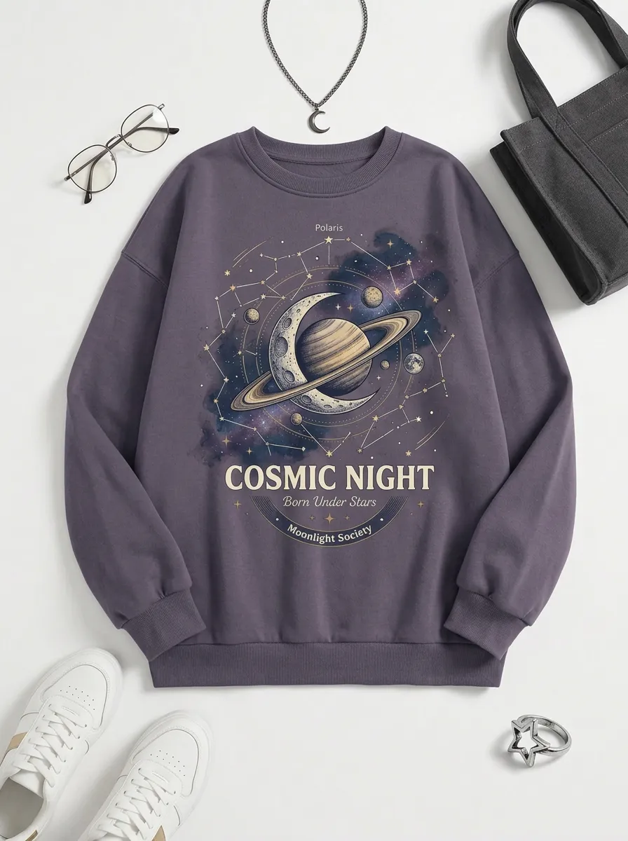 Women's Astronomy Lover Cosmic Night Planet Moon Printed T-shirt
