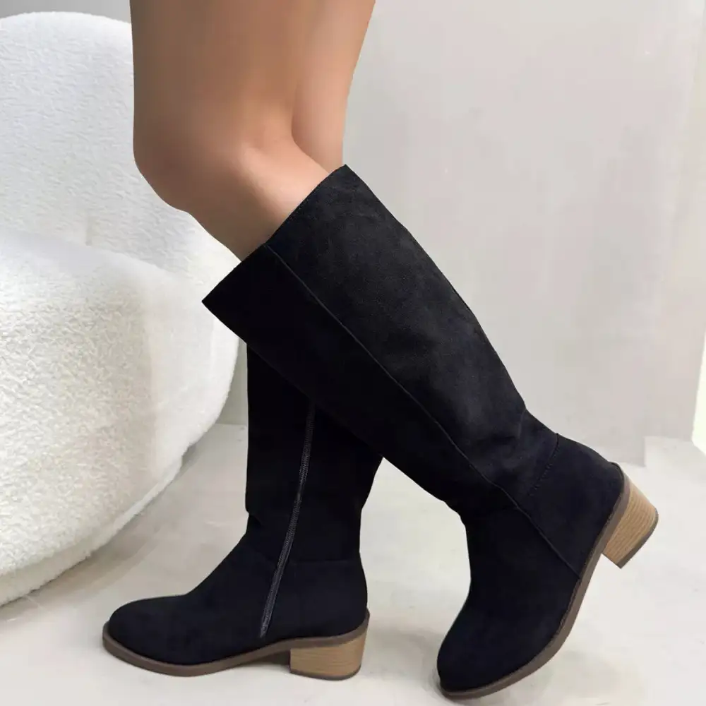 Pleated Round Toe Block Heels Boots