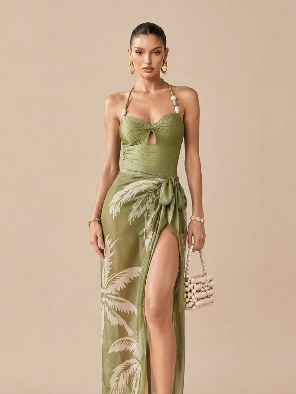 Scarlett Printed Cut-out Swimsuit Set In Green