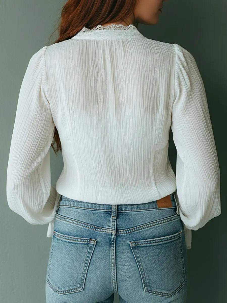 Boho Ruffled V-Neck White Pleated Lace Tie-Front Blouse