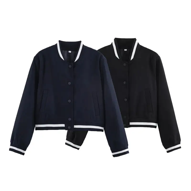 Varsity Cropped Snap Front Ribbed Trim Bomber Jacket
