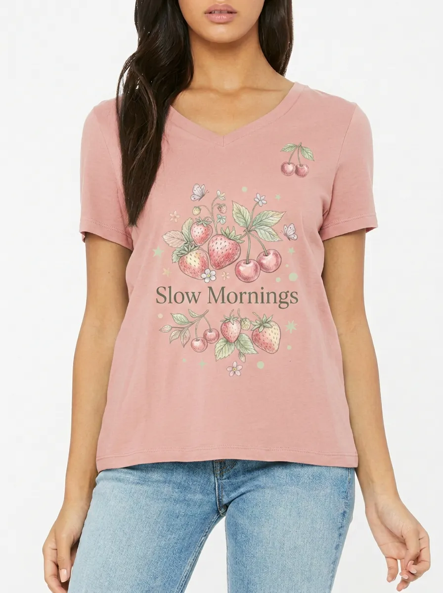 Women's Slow Mornings Strawberry Cherry Butterfly Printed V-neck T-shirt