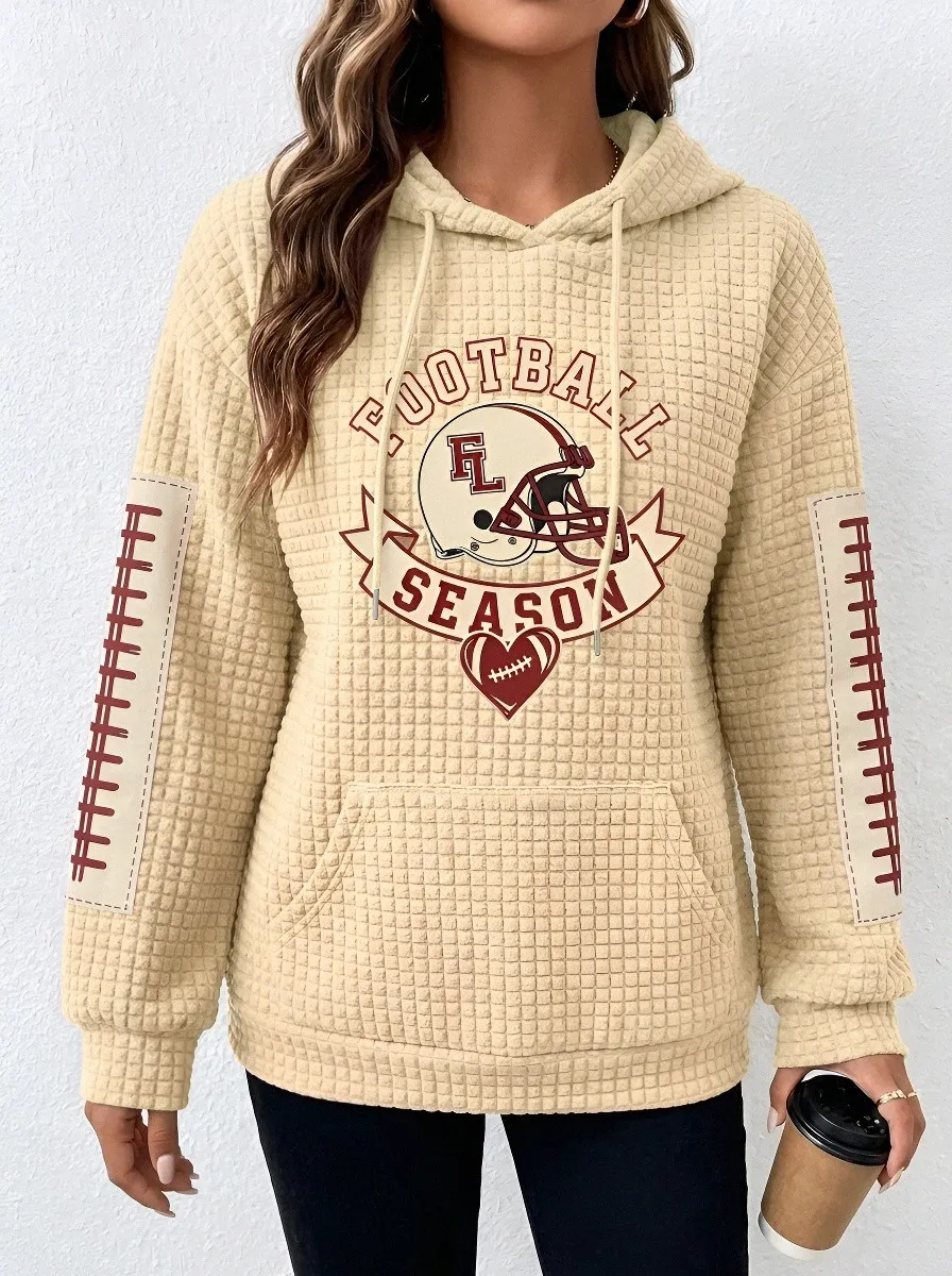 Women's Football Season Helmet Heart Printed Waffle Hoodie