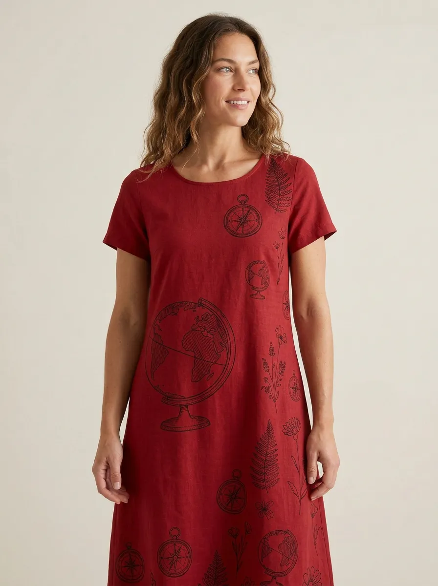 Women's Travel Lover Globe Compass Botanical Printed Dress