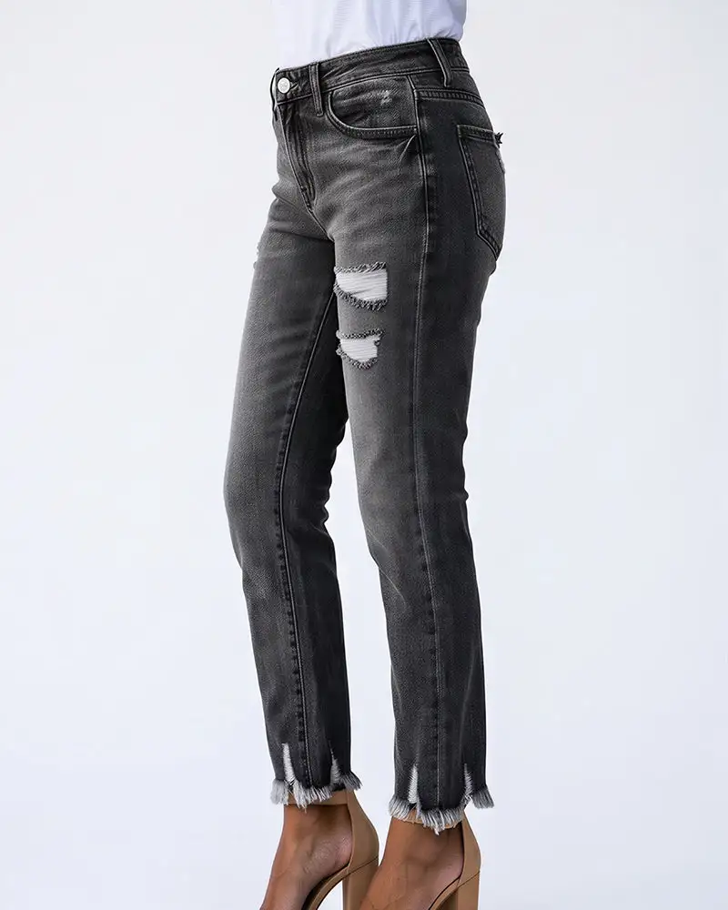Distressed Cropped Raw-Hem Straight Jeans