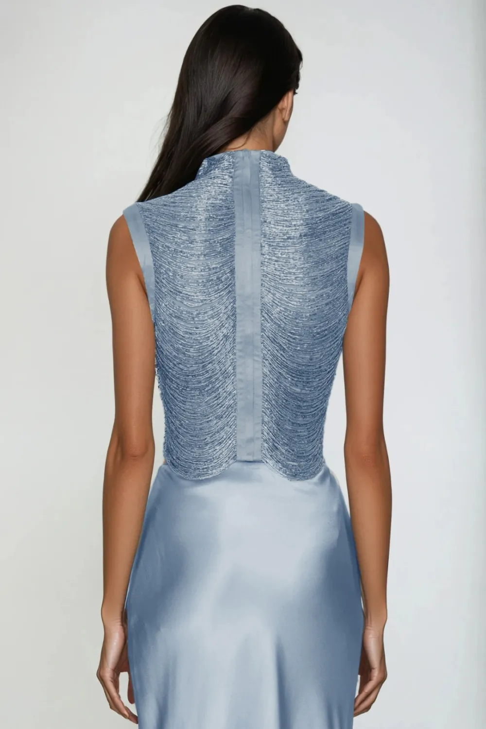 Fedde Fringe Satin Skirt Set In Sky Blue