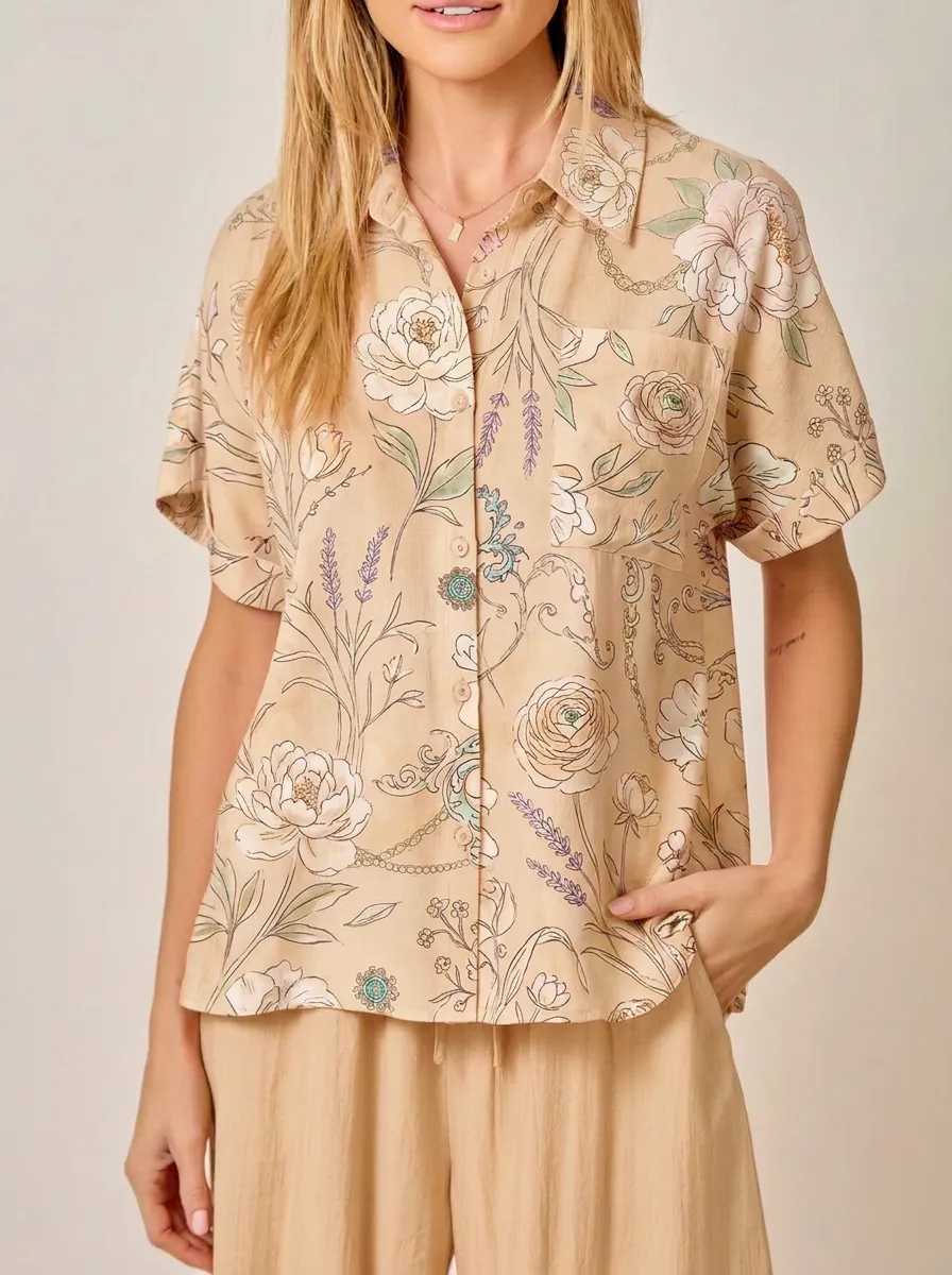 Women's Floral Botanical Peach Printed Button-Down Shirt