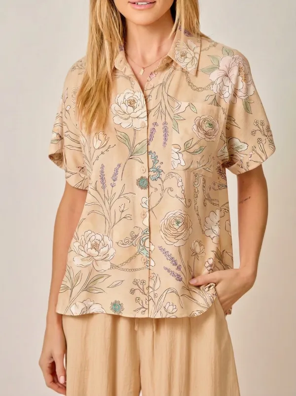 Women's Floral Botanical Peach Printed Button-Down Shirt
