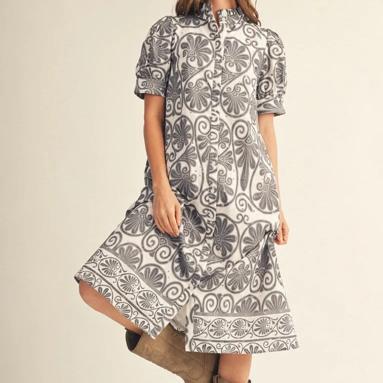 Floral Ruffle Detail Puff Sleeve Button Front Dress