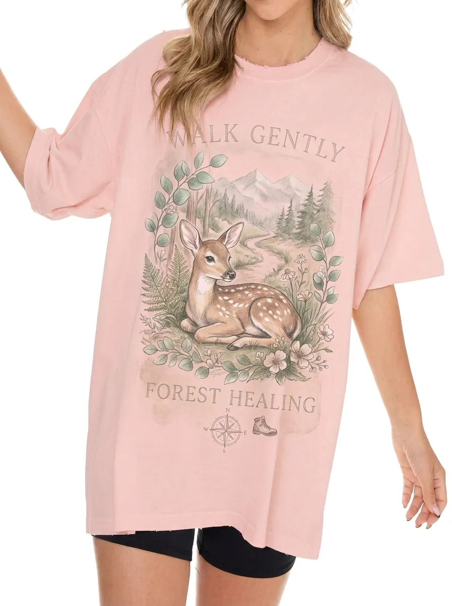 Women's Nature Lover Deer Forest Walk Gently Printed T-shirt