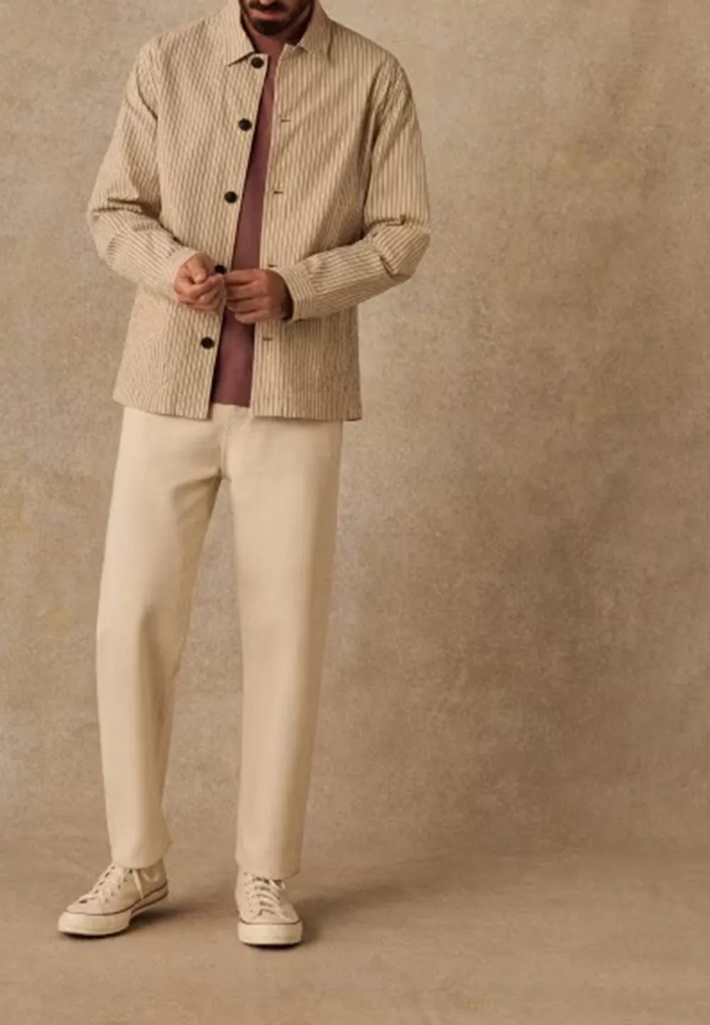 Beige Green Stripe Seersucker Casual Chore Jacket