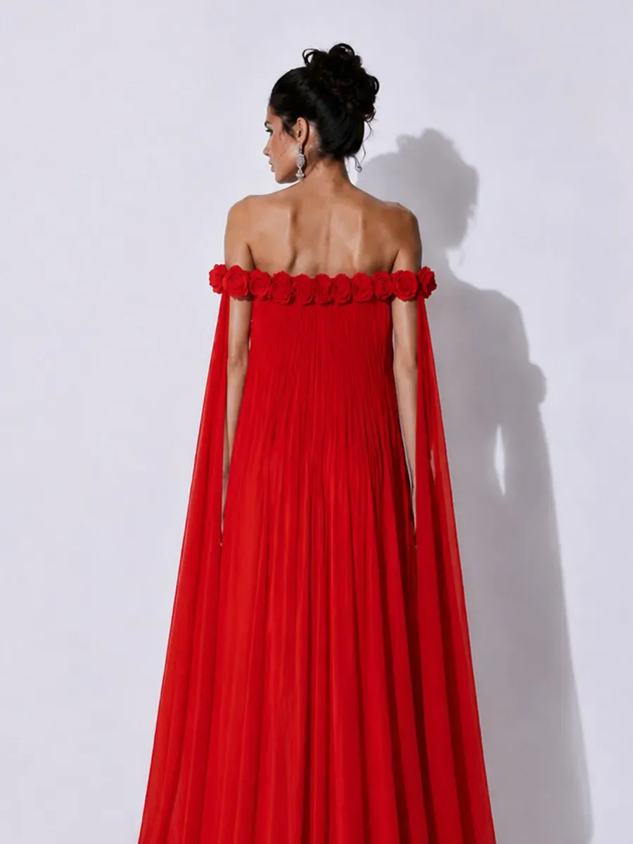 Grace 3D Floral Pleated Off-Shoulder Maxi Dress