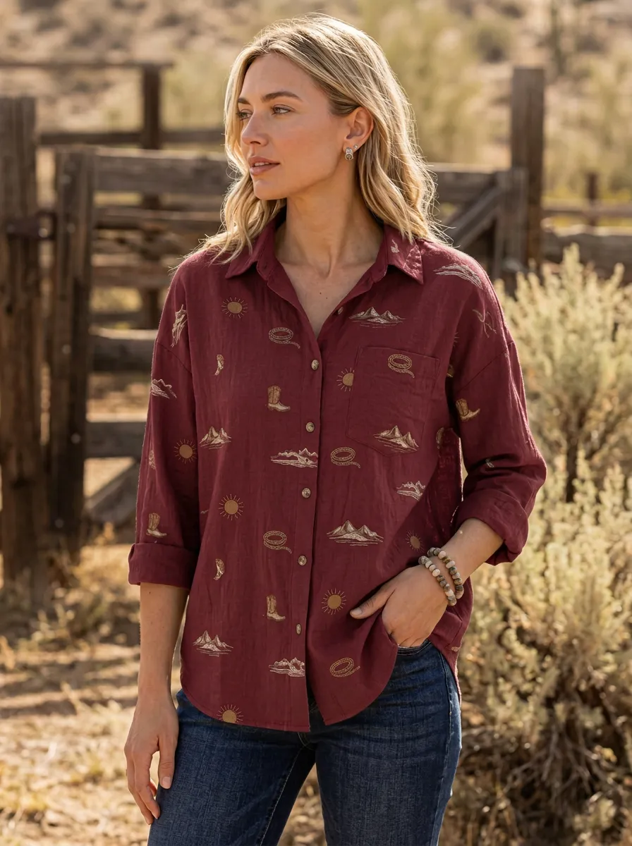 Women's Western Cowboy Boot Mountain Sun Printed Cotton Linen Shirt