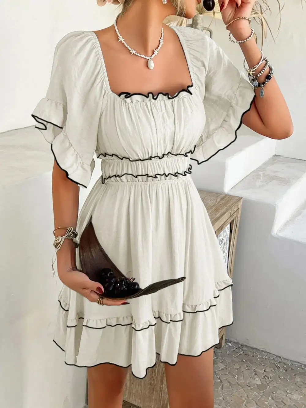 Square Neck Ruffle Mini Dress
